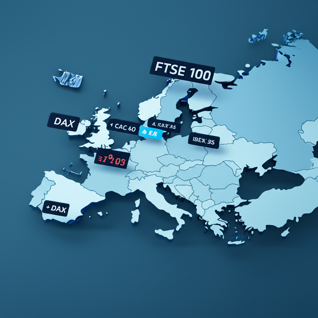 Illustration of a stylized European map with stock market index tickers floating above, symbolizing economic health and financial performance