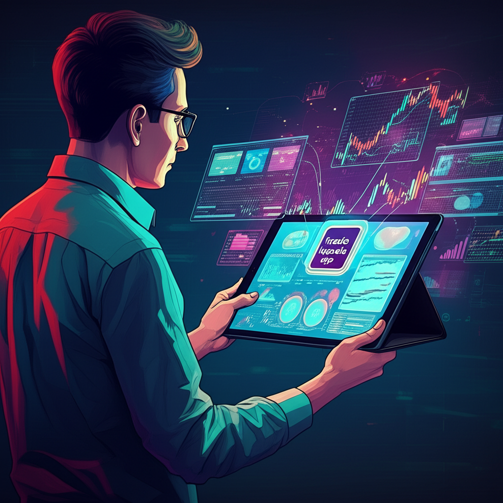 Illustration of a trader looking at multiple financial charts on a tablet, with various data streams flowing into a central 'trade signals app' icon, symbolizing market intelligence at fingertips, dynamic and complex financial world, vibrant colors, illustration style.