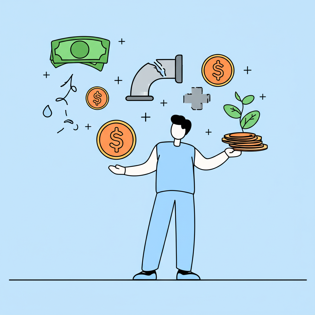 An illustration of a person easily converting an asset into cash, with symbols of unexpected expenses and investment opportunities floating around, representing financial flexibility.
