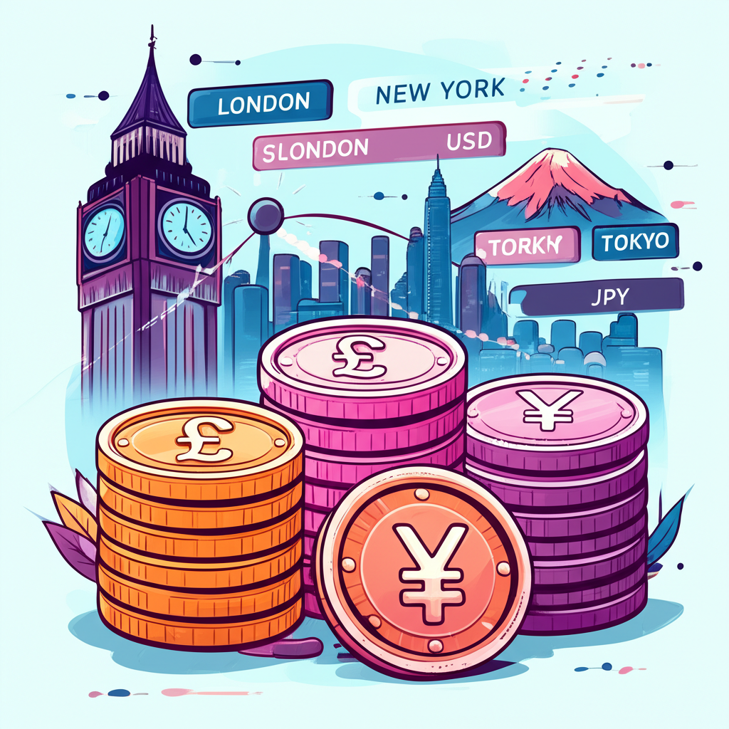 Global forex market showing 24-hour currency exchange between London, New York, and Tokyo