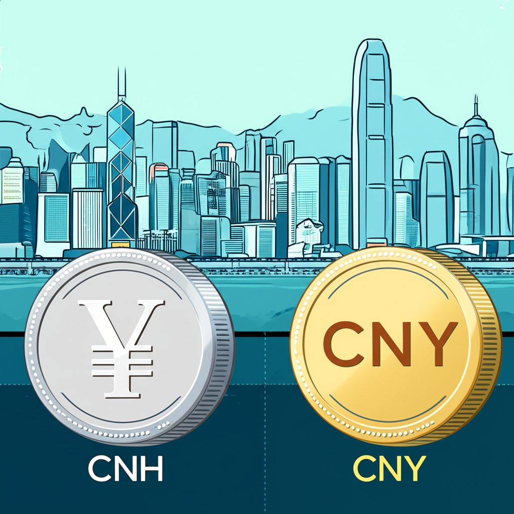 Illustration contrasting two yuan coins, one labeled CNH with international financial hubs like Hong Kong in the background, representing free trade, and another labeled CNY with mainland China and regulatory barriers, highlighting the distinction, in a clear illustration style.
