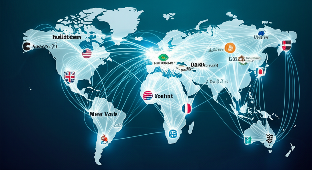 Illustration of the global forex OTC market, showing digital currency flows connecting major financial centers worldwide, operating 24/5 without a central exchange, highlighting its vast, liquid nature.