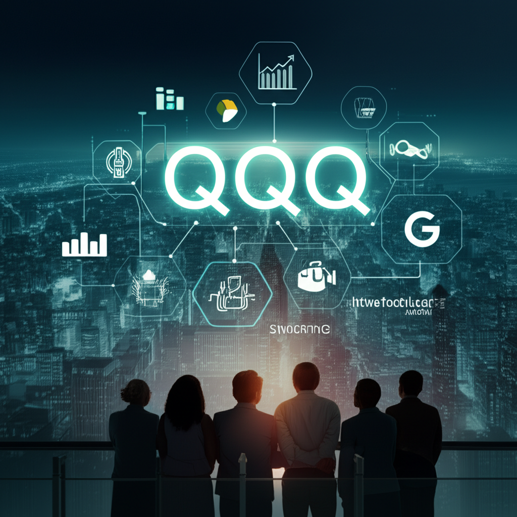 Investors viewing QQQ stock performance with tech innovation icons in a modern cityscape