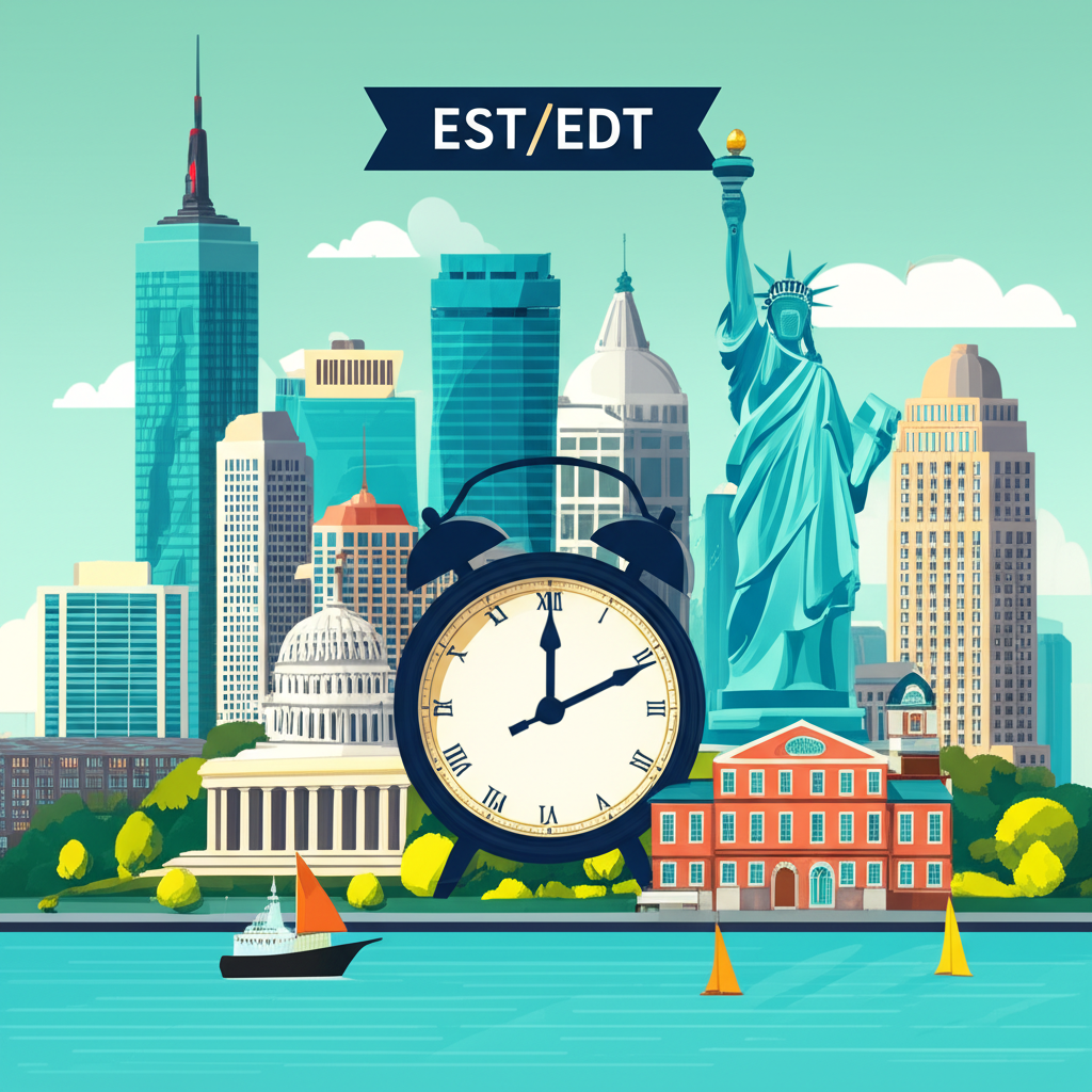 Illustration of iconic landmarks in Eastern Time Zone cities like New York City, Washington D.C., and Boston, with a clock showing EST/EDT, representing a hub for finance and government on the East Coast, in a vibrant illustration style.