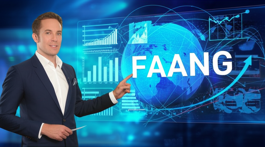Illustration showing a financial news anchor pointing to a screen displaying the FAANG acronym, surrounded by charts indicating high growth and massive market capitalization, with digital lines extending globally, representing their reach.