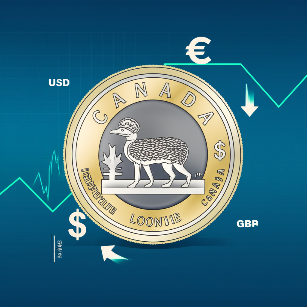 Canadian dollar coin with momentum arrows and global currency symbols showing market fluctuations