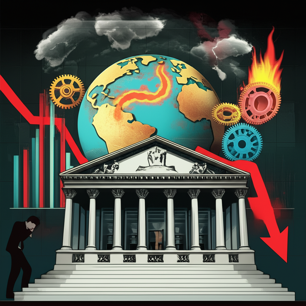Visual representation of risk-off triggers: economic downturn charts, global conflict zones, and central bank policy tightening causing investor anxiety
