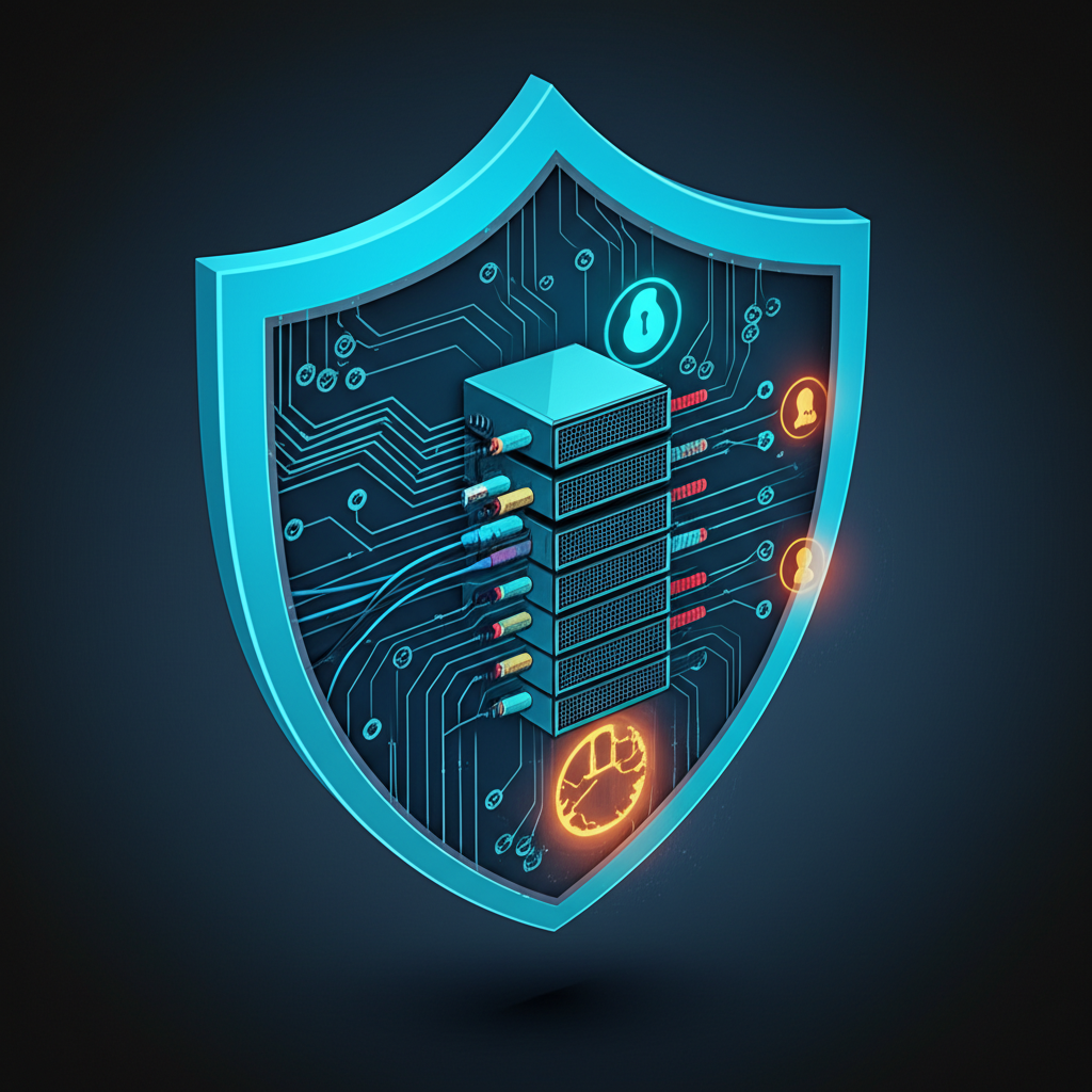 Illustration of a digital shield formed by merging Cisco's network security elements (firewall, network lines) with Splunk's data analytics (charts, security alerts), representing a unified cybersecurity platform, in a protective, technological illustration style.