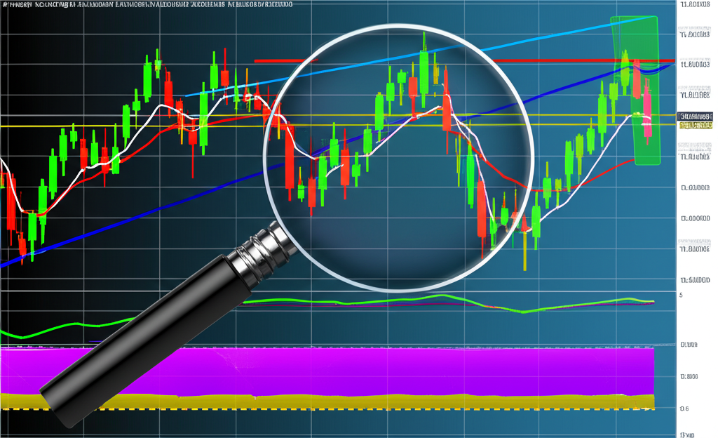 Analytical tools including trend lines, indicators, and candlestick patterns on a live forex chart with magnified opportunities