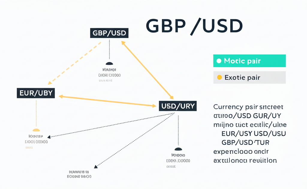 Illustration explaining major, minor, and exotic currency pairs including GBP/USD, EUR/GBP, and USD/TRY