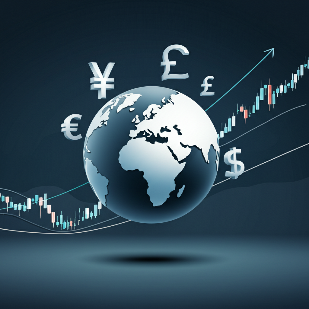 International currency symbols orbiting a globe with stock chart overlay, illustrating Forex ETFs and global currency exposure