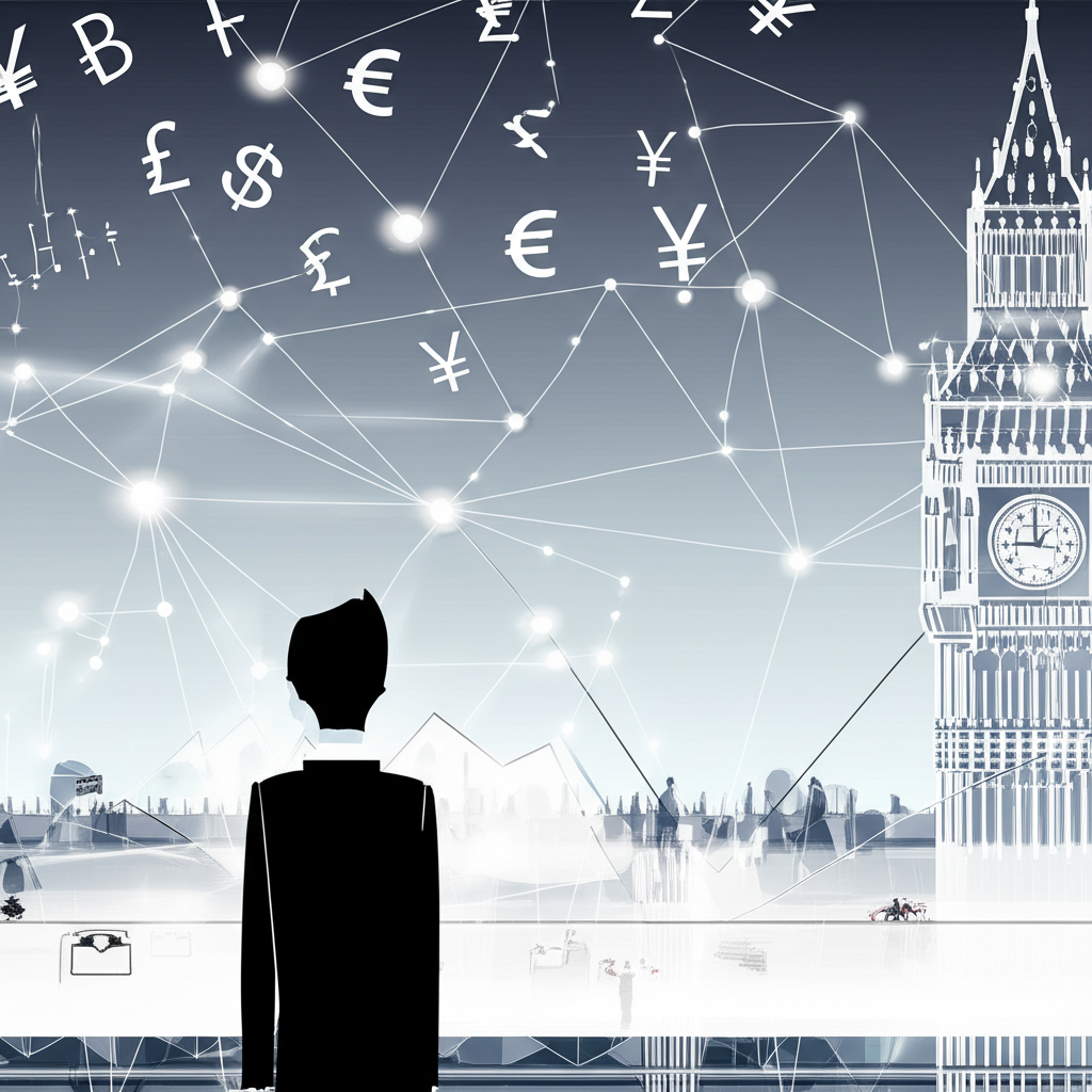 UK trader understanding global forex market with currency symbols and charts