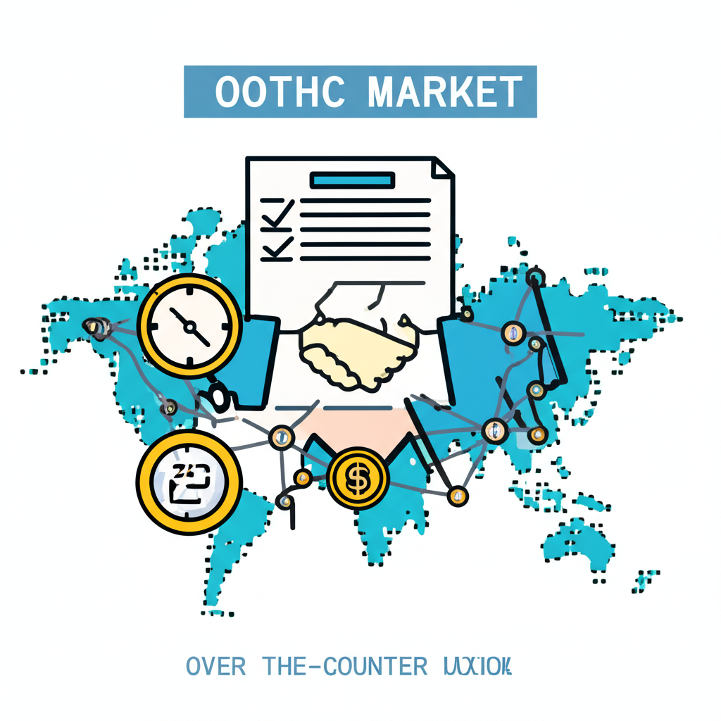 Illustration depicting the core features of an OTC market: a flexible agreement, a clock for 24/5 trading, a global map with connections, and two hands exchanging digital currency directly.