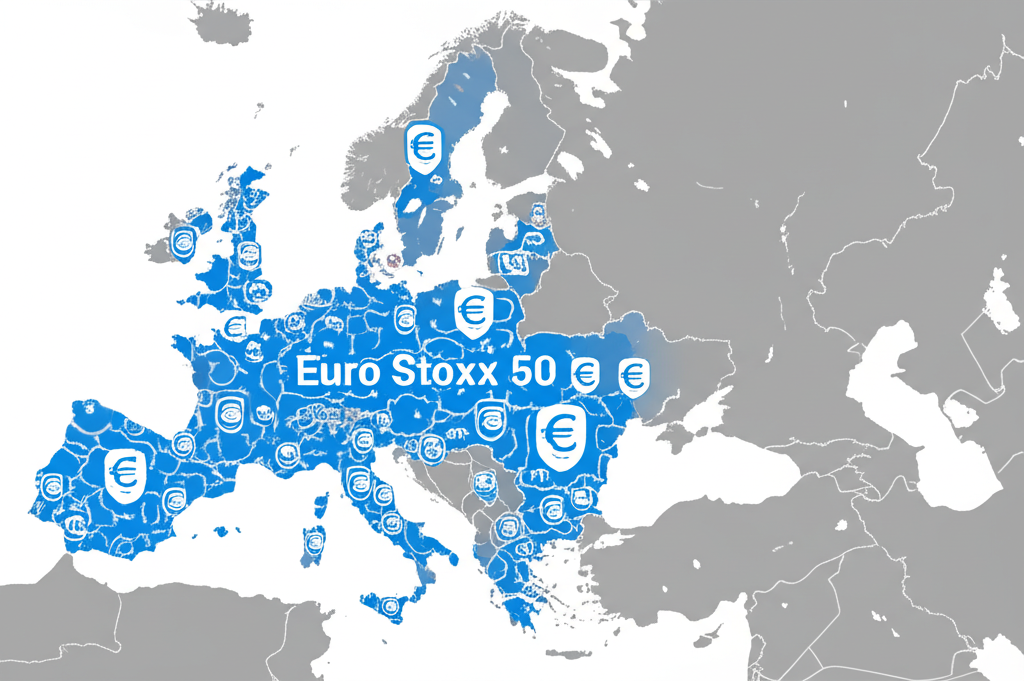 Eurozone map with 'Euro Stoxx 50' label and 50 interconnected blue-chip company symbols, illustrating market capitalization and liquidity