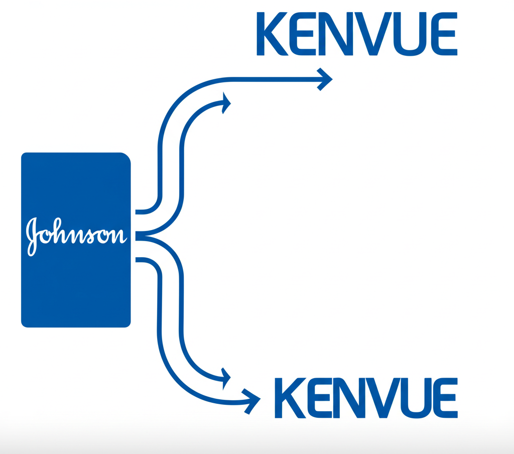 Illustration of Johnson & Johnson and Kenvue separating into two independent companies, symbolizing strategic realignment and new investment opportunities