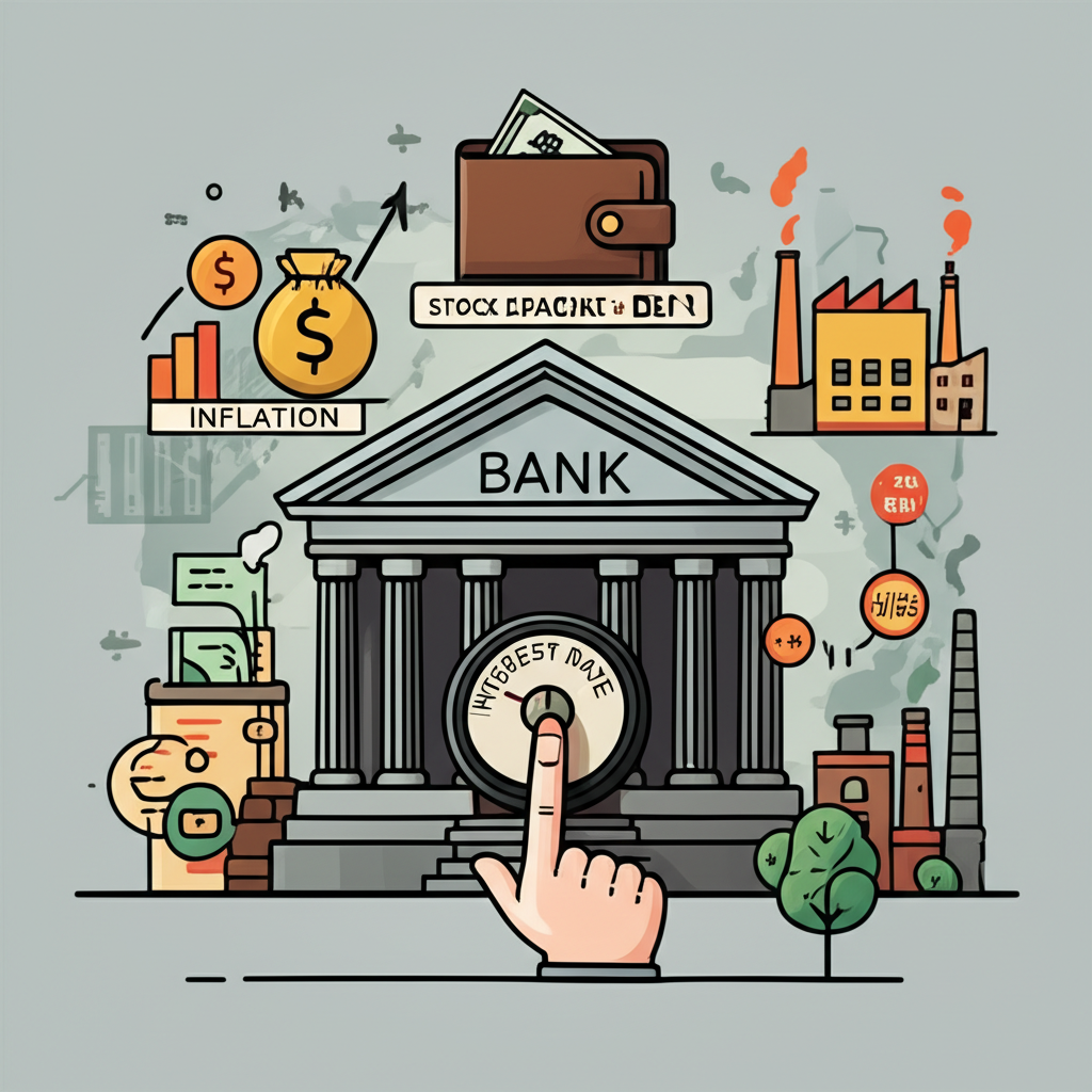 Central bank adjusting interest rates affecting corporate profits and consumer spending, with inflation shown through rising prices