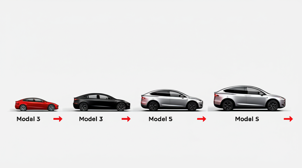 Illustration showing Tesla Model 3, Y, S, and X on a timeline with delivery speed comparisons—Model 3 and Y with shorter arrows, S and X with longer ones—in a clean, comparative design