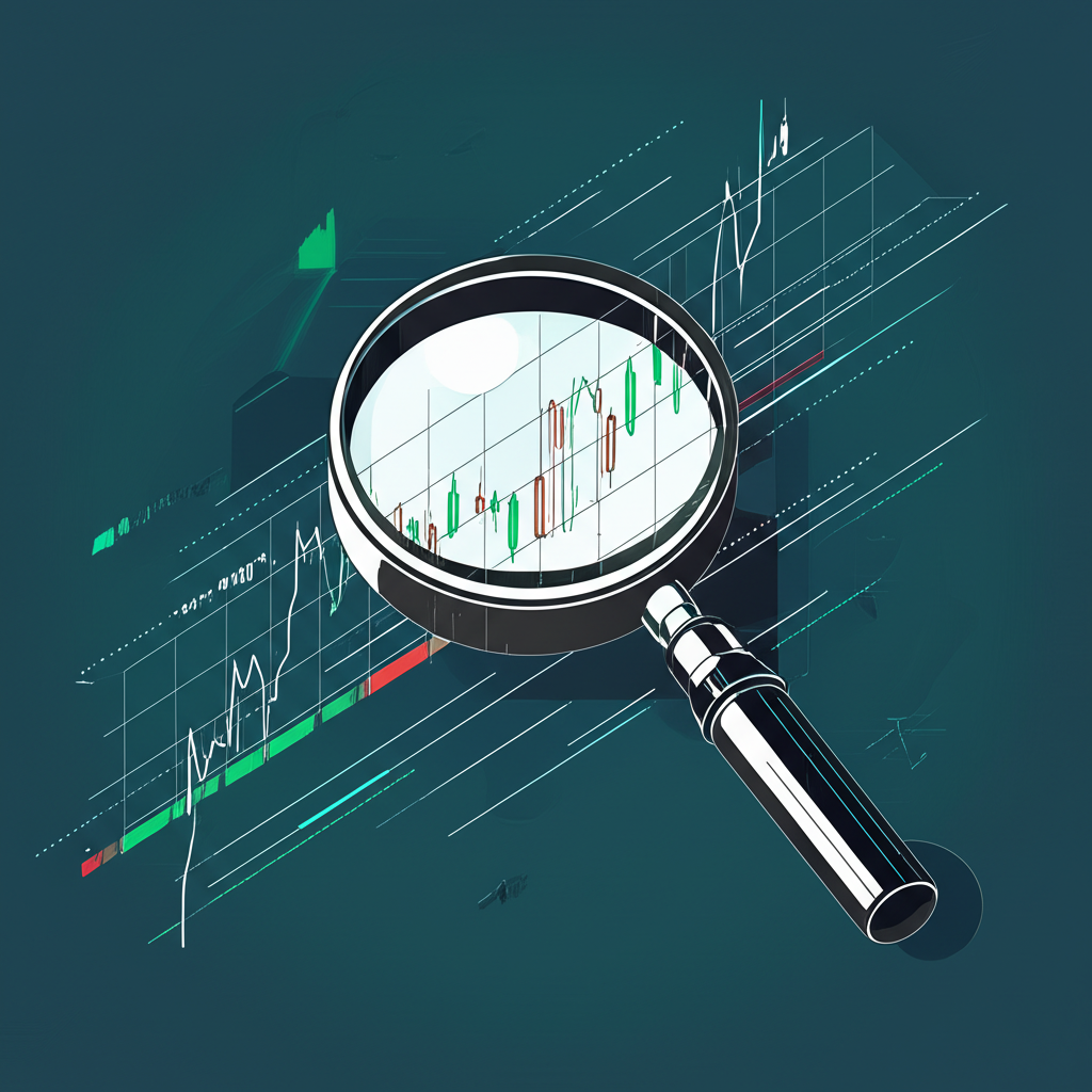 Illustration of a magnifying glass examining tiny price movements on a digital stock chart, symbolizing the granular mechanics of tick size in financial markets, with abstract market data flowing around it, illustration style.