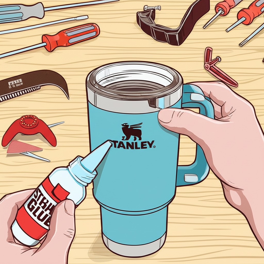 Hand applying epoxy to a broken Stanley handle with DIY tools like clamps, screwdrivers, and sandpaper laid out