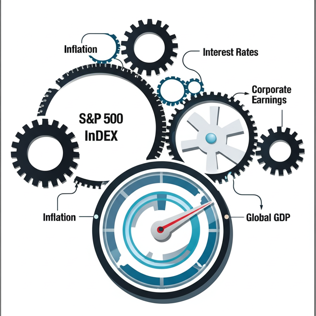Interconnected economic factors such as inflation, interest rates, earnings, and GDP driving the S&P 500 index like mechanical gears