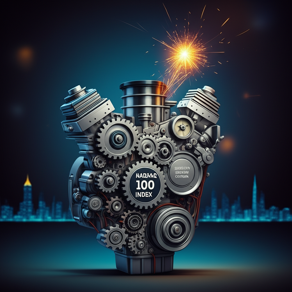 Illustration of Nasdaq 100 Index as a mechanical engine with gears for market cap and innovation