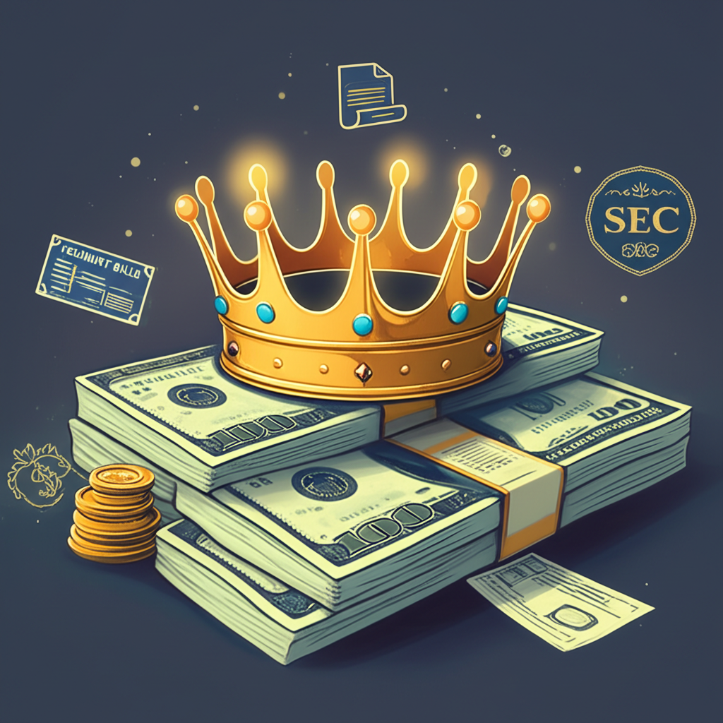 An illustration of a golden crown on a stack of cash, surrounded by smaller, glowing symbols of Treasury bills, commercial paper, and money market funds, with a subtle SEC logo.
