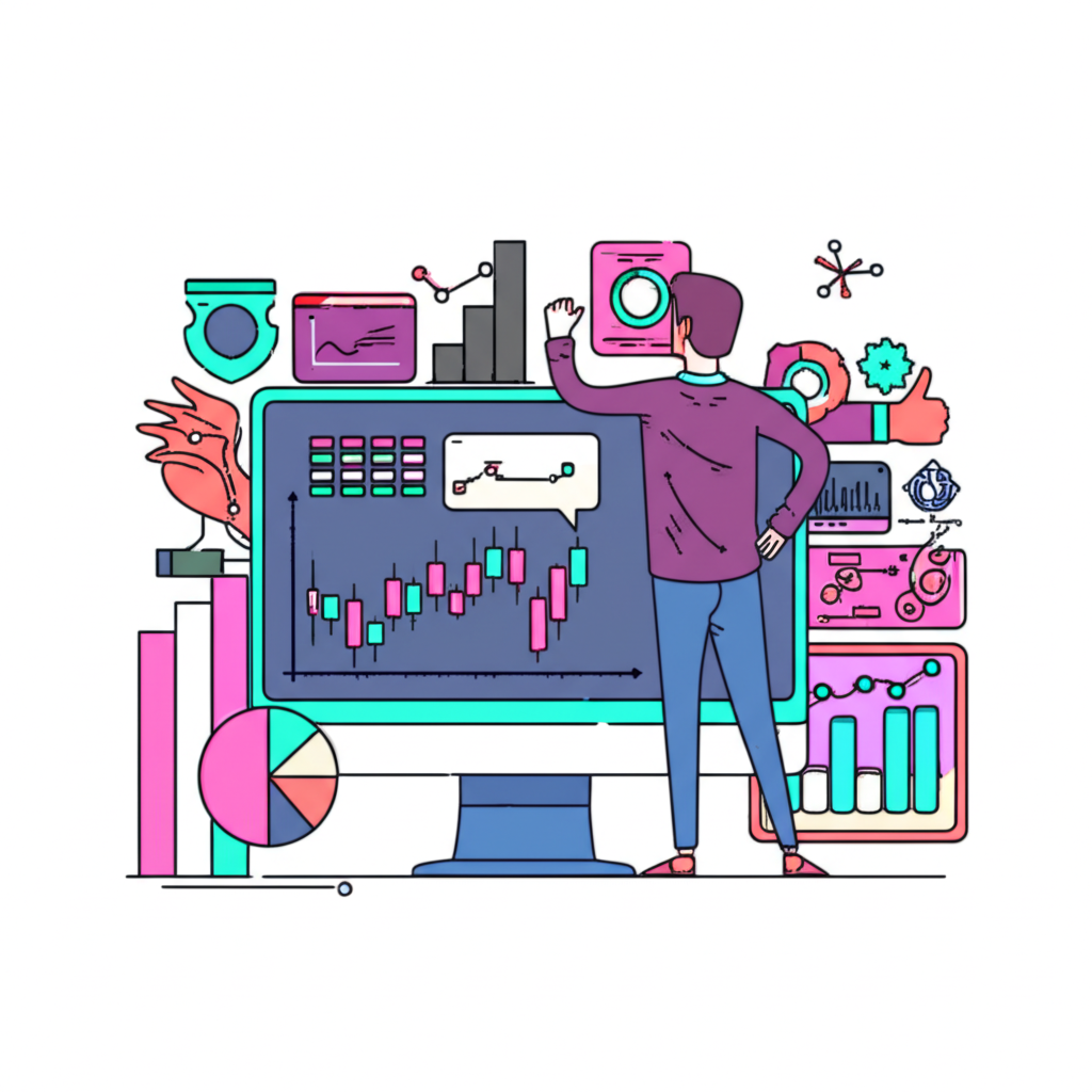 Illustration of a structured forex trading approach, with charts and graphs, a person testing hypotheses and analyzing data on a screen, emphasizing data-driven decisions and risk management, in an illustration style