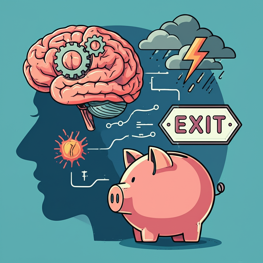 Illustration showing a disciplined trader's brain, a piggy bank for capital, and a clear exit strategy, all protected by a stop loss from volatile market news