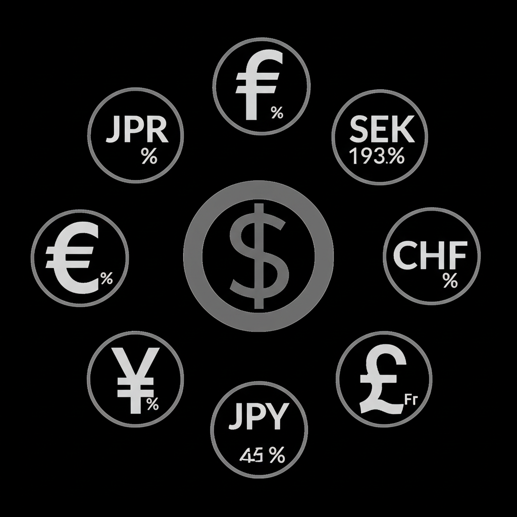 Six currency symbols forming a circle around the US dollar, each labeled with its percentage weight in the DXY