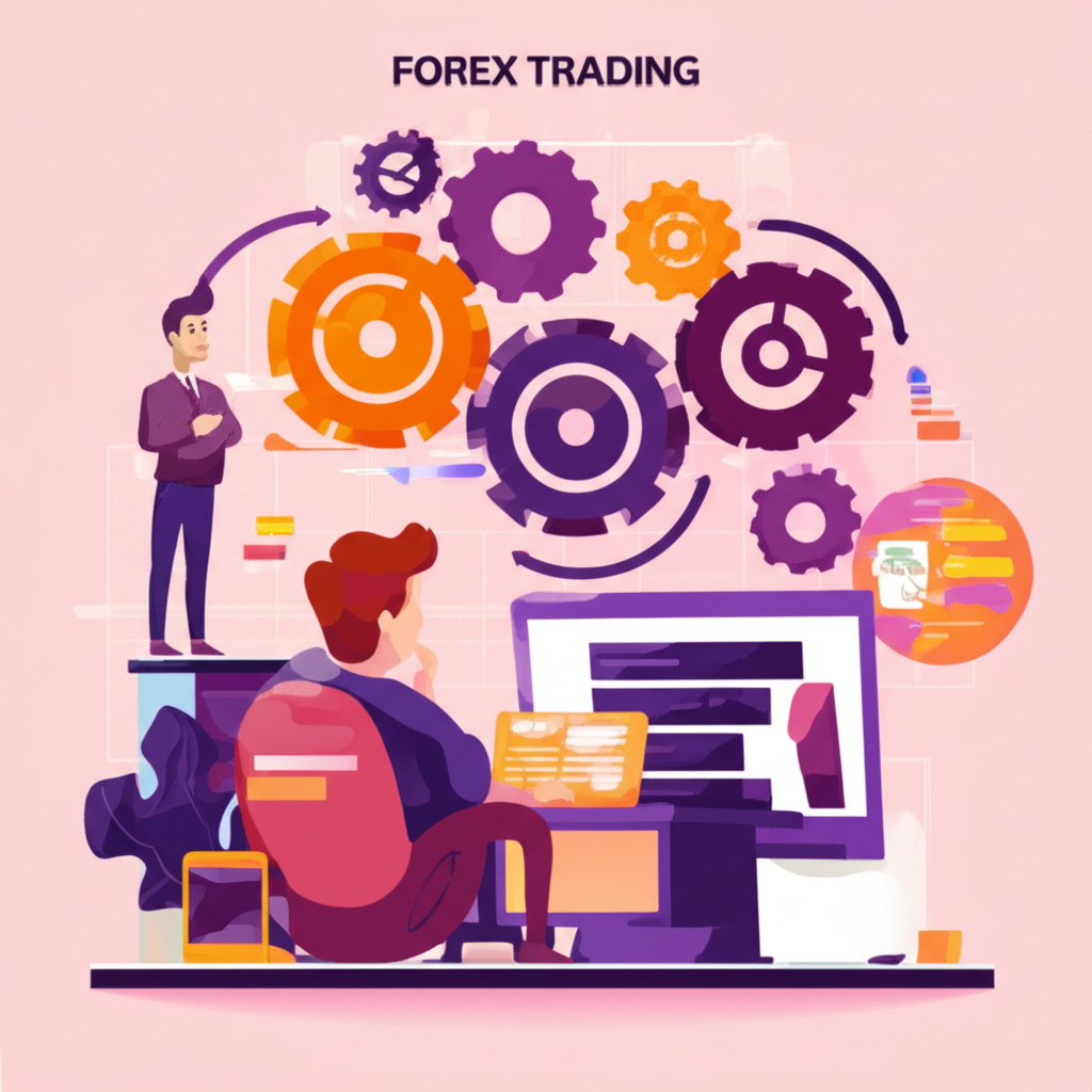 Illustration of a systematic, rule-based forex trading model, showing gears and data flowing, symbolizing objectivity and discipline, with a trader calmly observing, in an illustration style