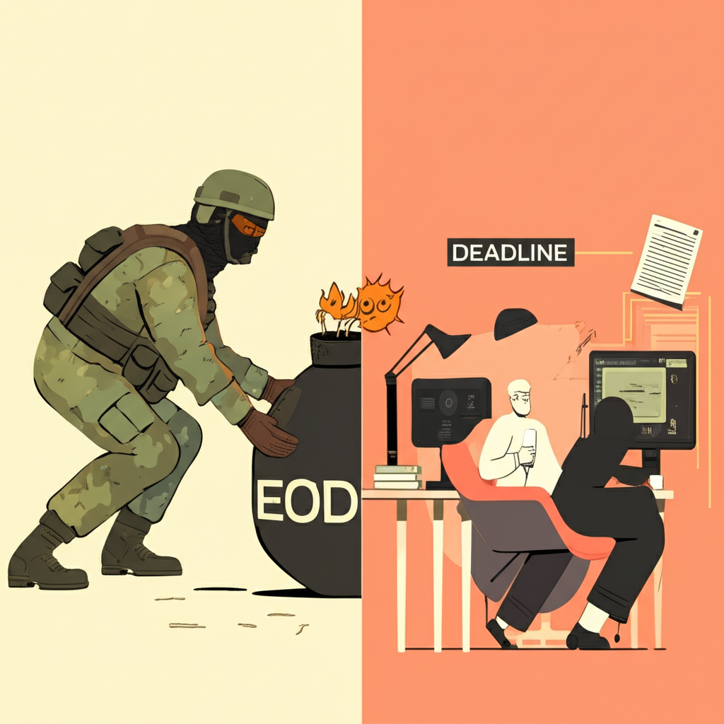 Split screen illustration showing a military EOD technician approaching a bomb on one side and a business professional checking a deadline on the other, symbolizing the dual meanings of EOD