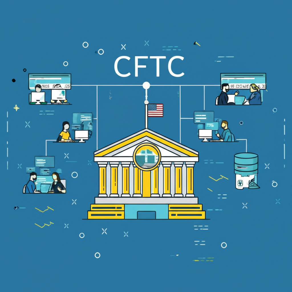 Illustration of the CFTC building or logo overseeing a digital network of traders reporting their positions, emphasizing regulatory transparency