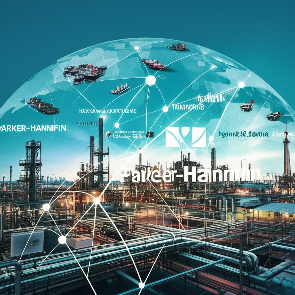 Illustration of a global industrial landscape with interconnected systems, featuring Parker-Hannifin's logo, representing motion and control technologies and investment analysis for a Fortune 250 company.