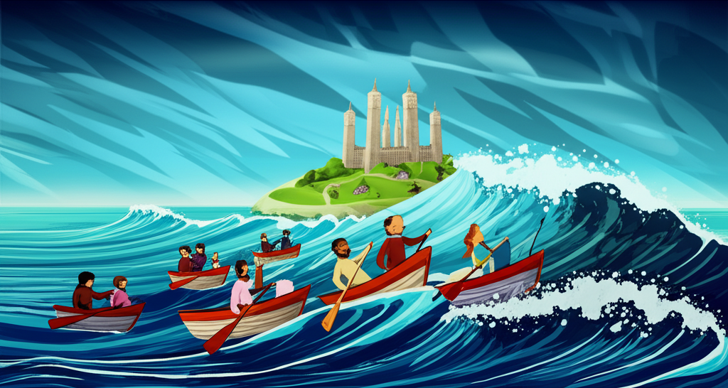 Illustration of investors moving from volatile risky assets to a calm island of stable investments, symbolizing capital preservation