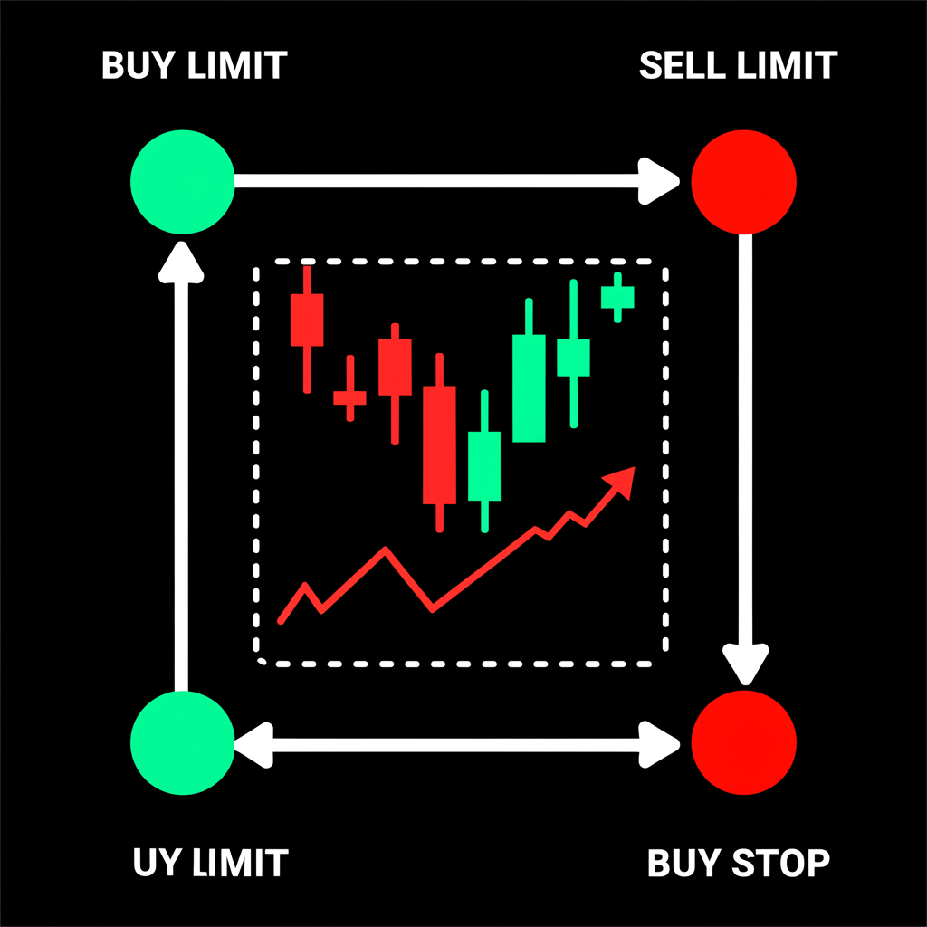 Four icons representing Buy Limit, Sell Limit, Buy Stop, and Sell Stop orders arranged around a central market chart