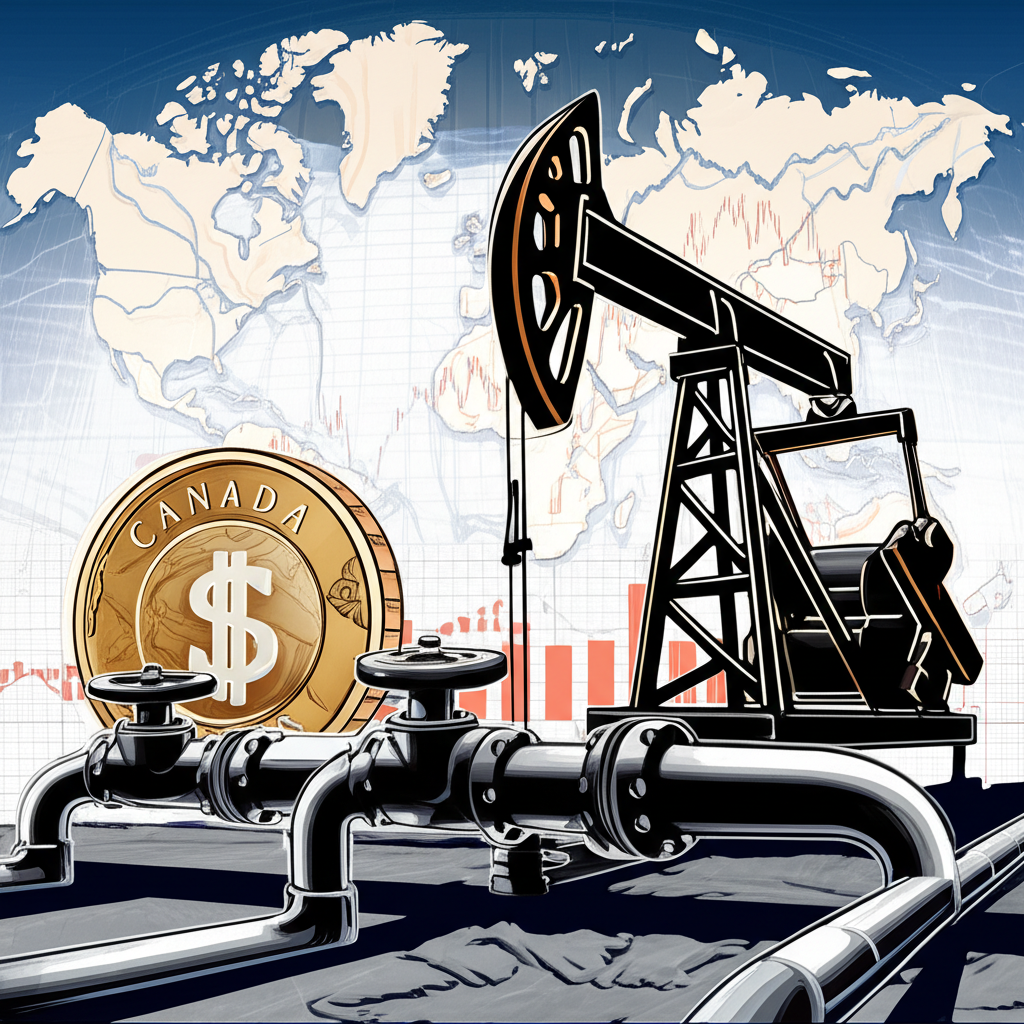 Oil derrick connected to Canadian dollar with global trade routes and commodity charts in background