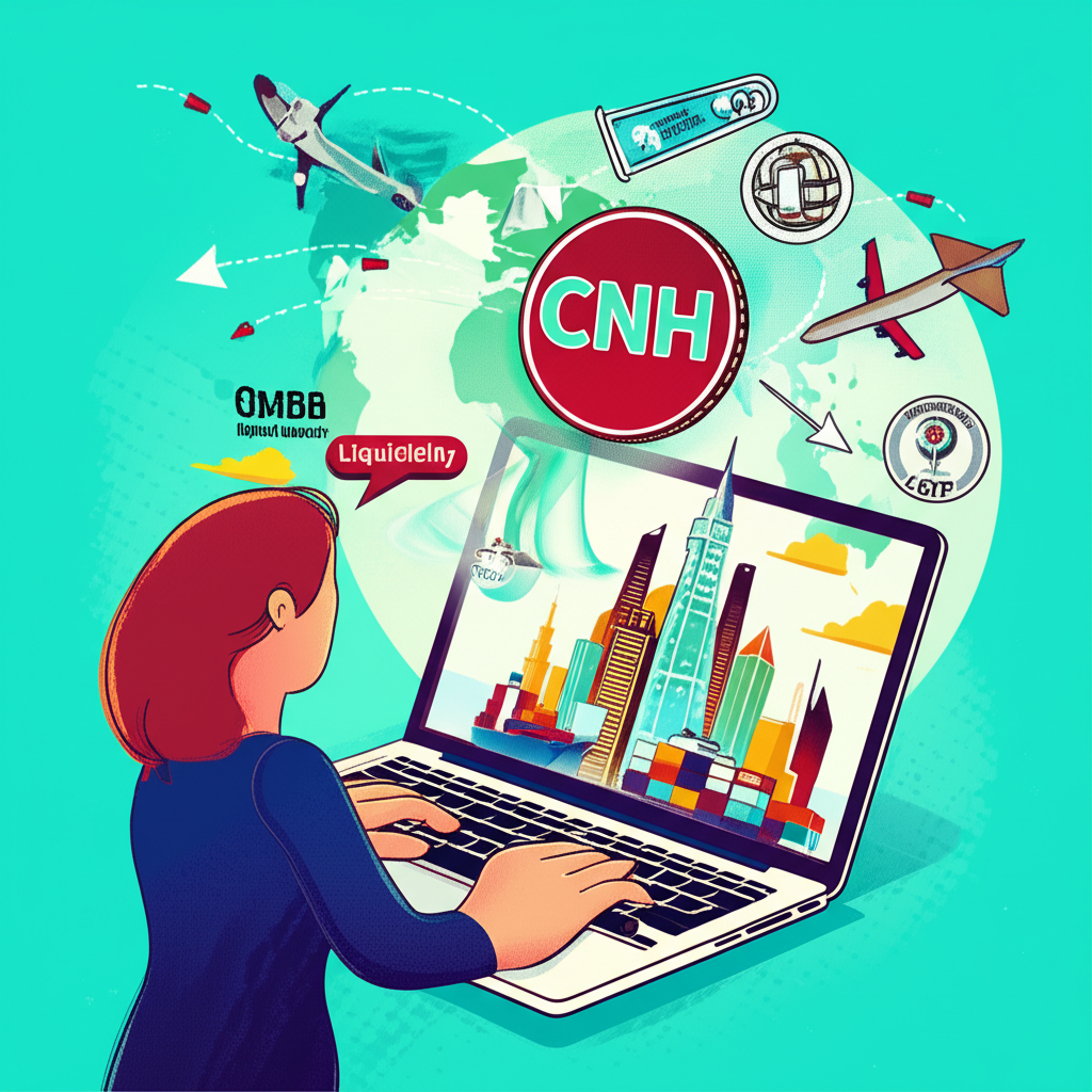 Illustration of a global investor using a laptop, with a CNH currency symbol as a gateway to China's economy, surrounded by international trade and investment symbols, and a small IMF logo, emphasizing accessibility and liquidity, in a vibrant illustration style.