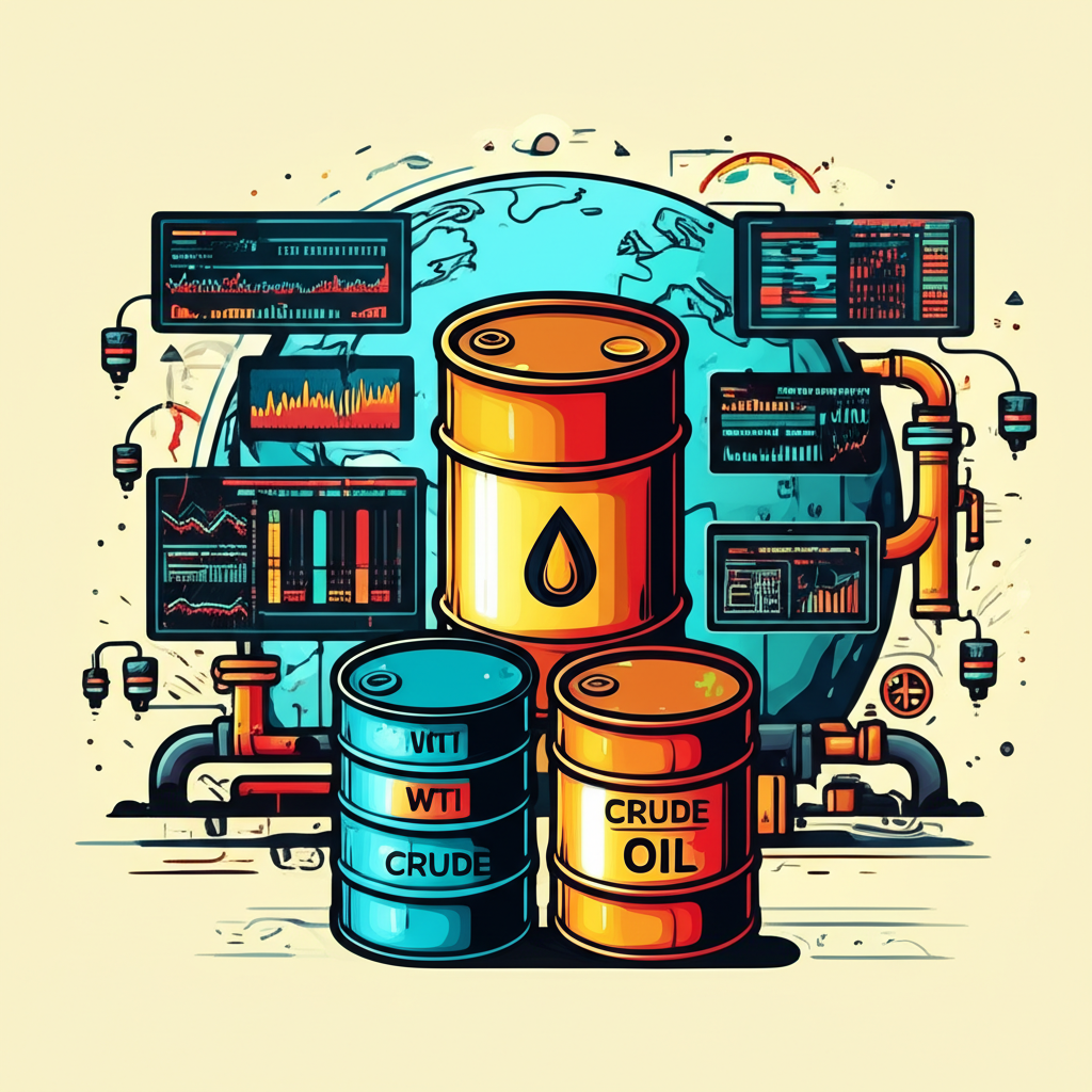 Global network of oil pipelines and digital trading screens showing real-time price movements influenced by geopolitical events, with WTI and Brent crude barrels at center