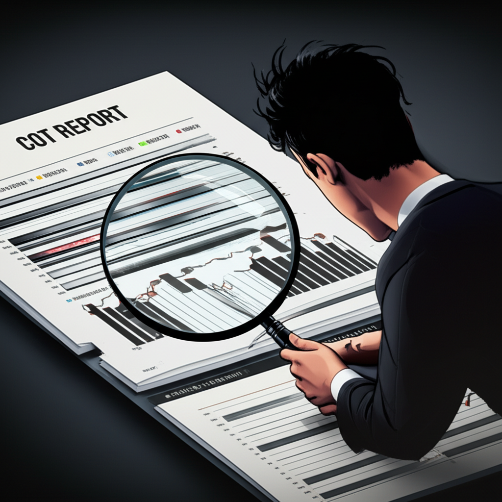 Illustration of a person analyzing complex charts with silver bars and lines, reflecting market sentiment and trader positions, with a magnifying glass over a 'COT Report' document