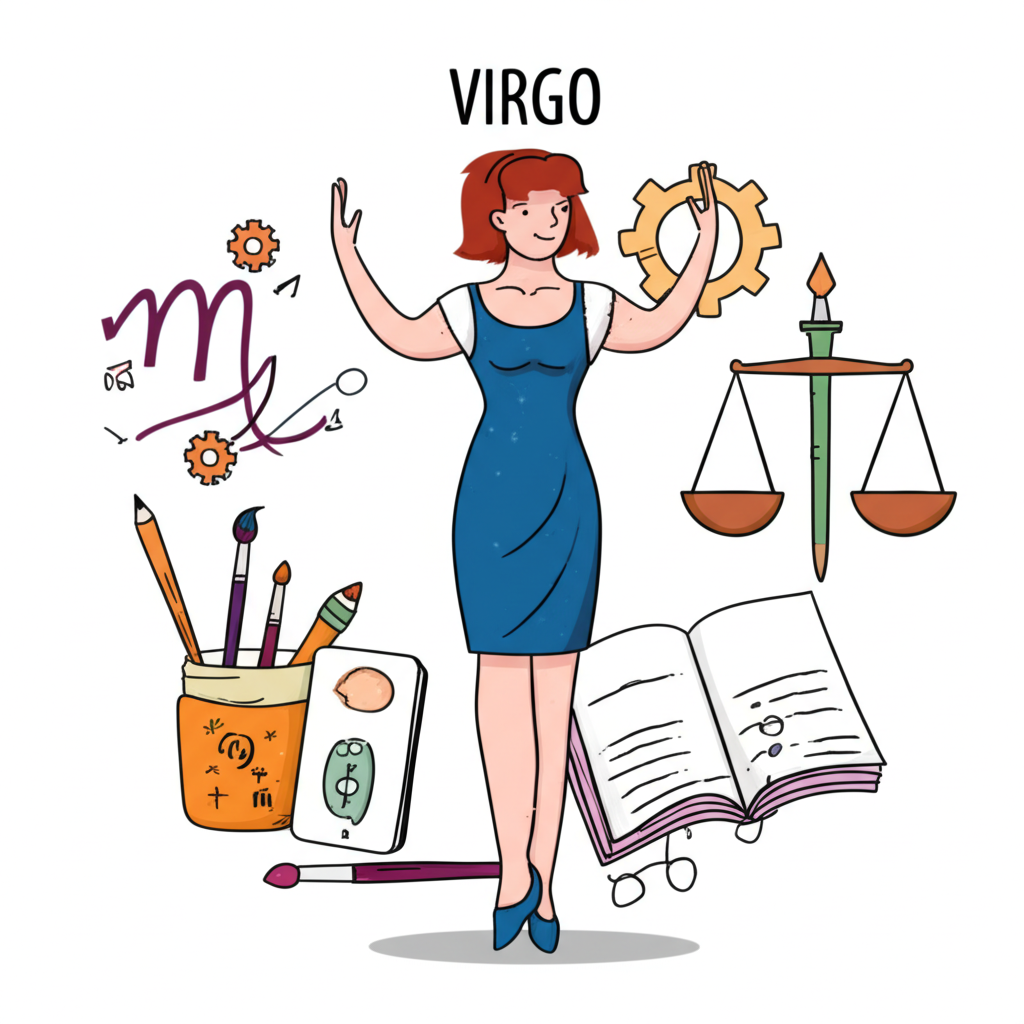 Illustration of a person blending Virgo's analytical elements like gears and books with Libra's artistic symbols such as scales and paintbrushes, showing the balance of mind and beauty
