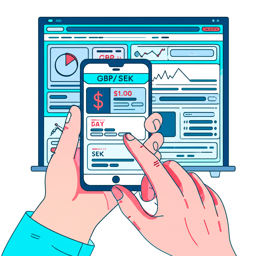 Person checking live GBP to SEK exchange rates on a smartphone with multiple financial apps and data streams visible