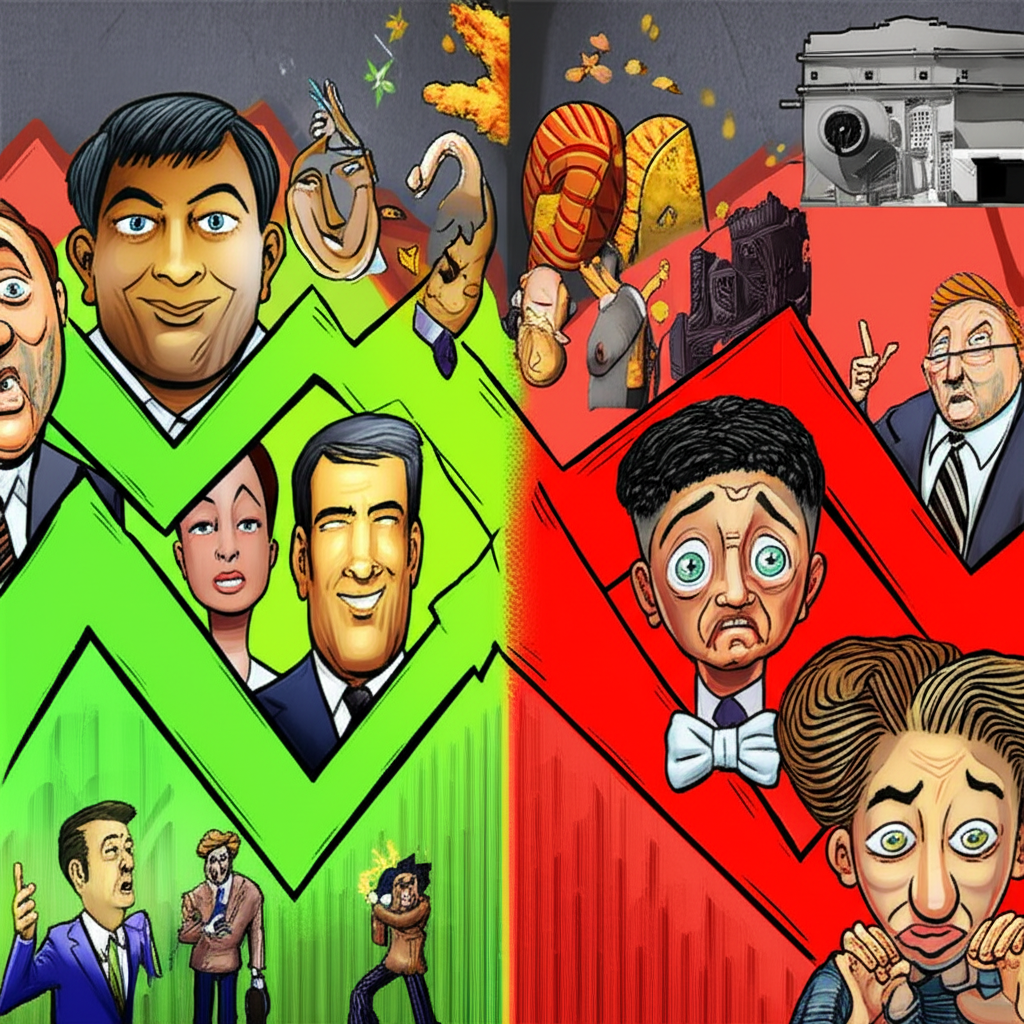 Illustration contrasting risk-on and risk-off environments: one side with rising markets and confident investors, the other with falling markets and fearful investors seeking safety