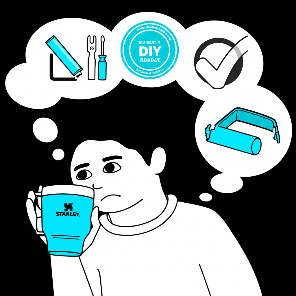 Illustration of a person frustrated with a broken Stanley cup handle, surrounded by DIY tools, warranty symbol, and replacement options