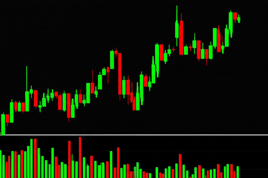 Trading platform interface showing candlestick chart with colored volume bars reflecting market activity