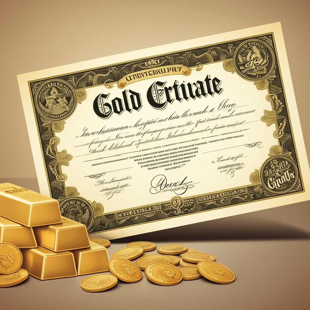 Illustration of a gold certificate linked to gold bars and coins, symbolizing representative money and trust in a historical economic context