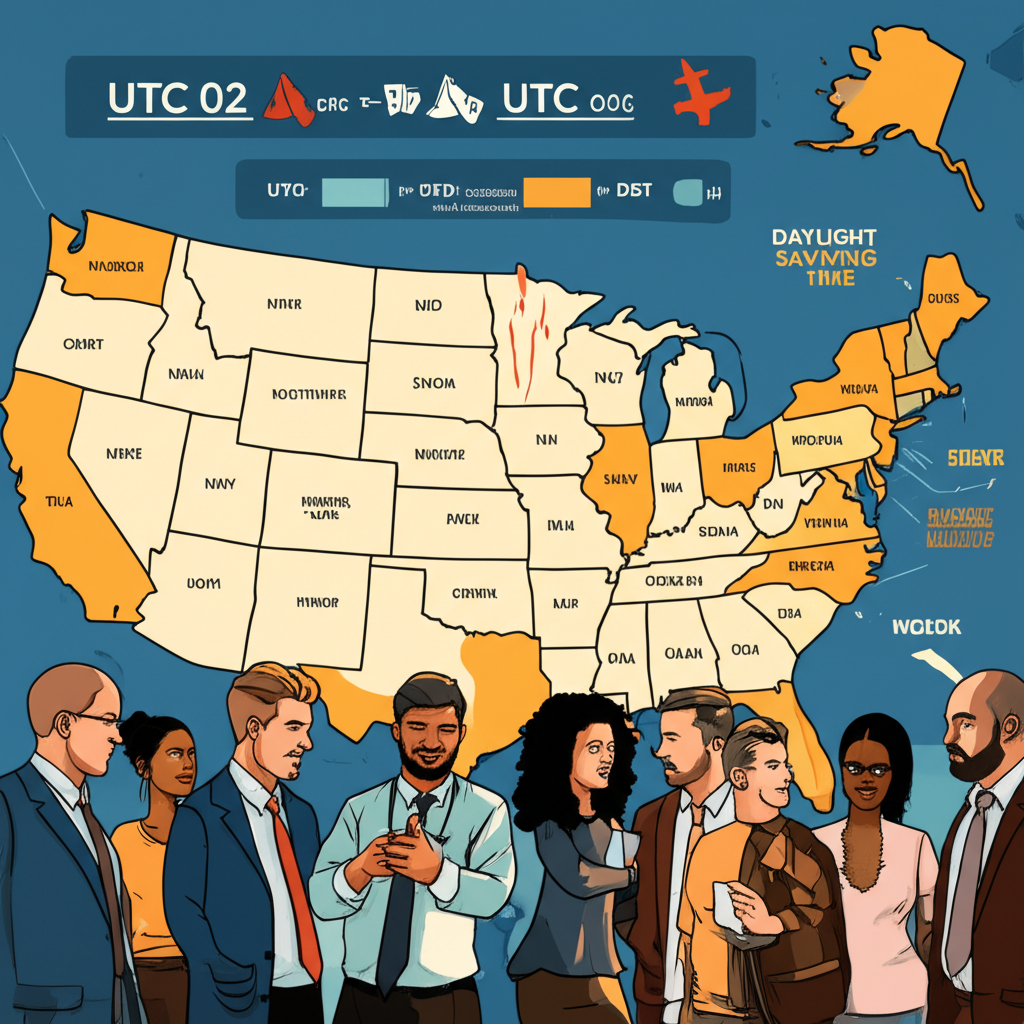Illustration of diverse people from different US regions, engaged in business, travel, and communication, with a subtle background showing a map divided by time zones, managed by the Department of Transportation, highlighting UTC offsets and DST.
