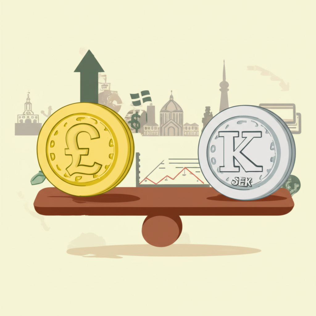 Illustration of GBP and SEK coins on a seesaw balanced by economic indicators, political decisions, and market forces