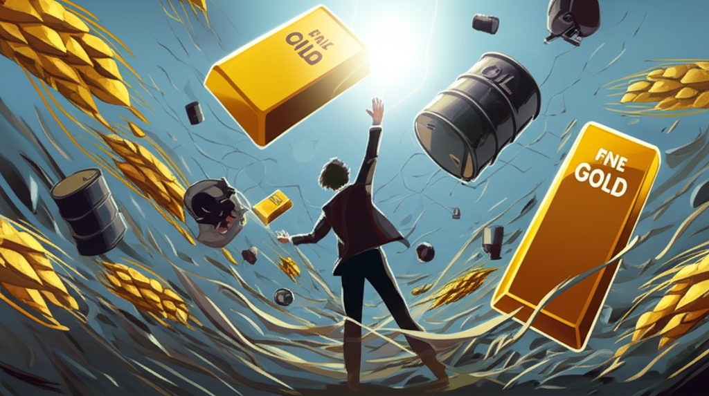 Illustration of a person confidently navigating a complex financial market landscape, with various commodity symbols (oil barrel, gold bar, wheat stalk) floating around, guided by a glowing 'course' icon.