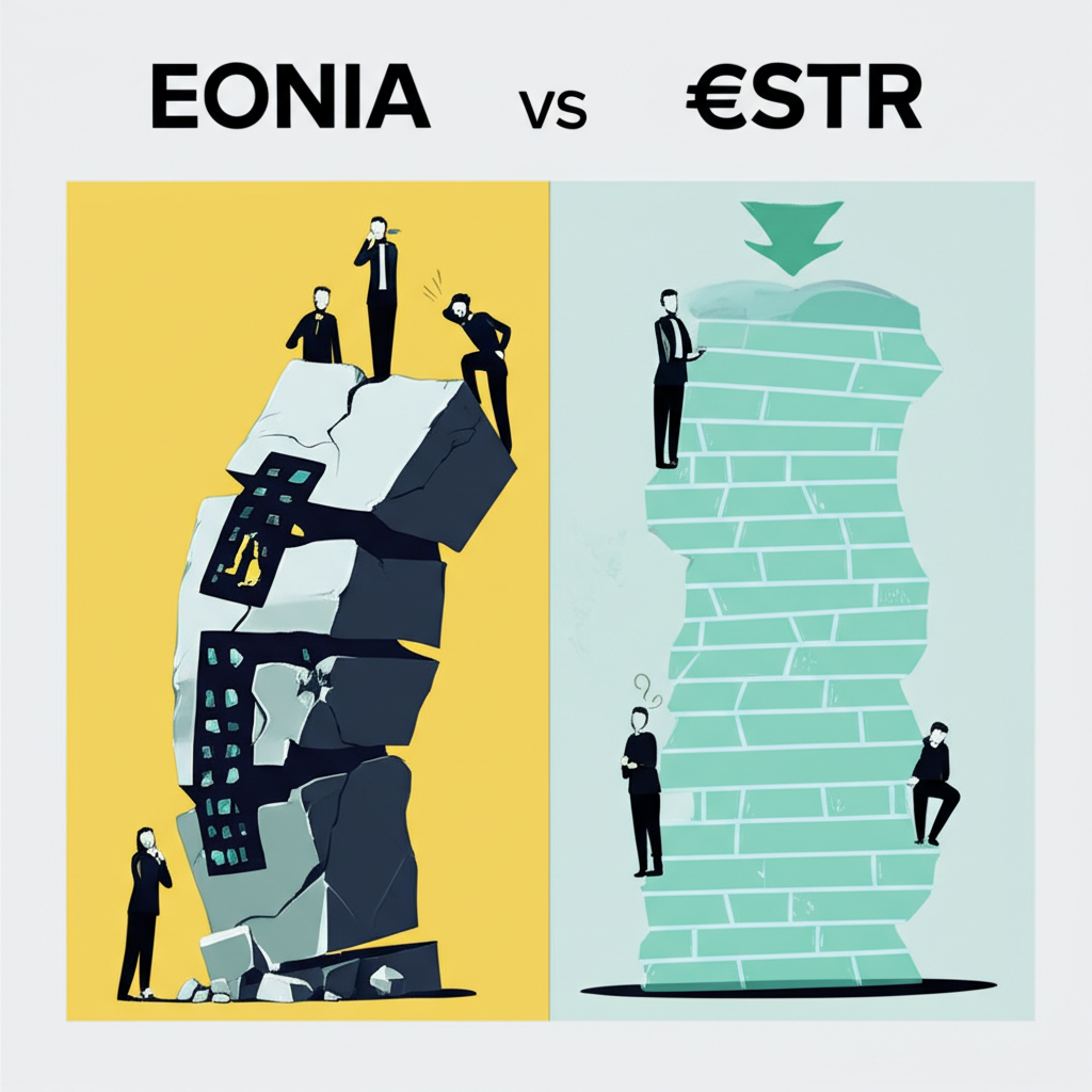 Comparison illustration showing EONIA as fragile and €STR as robust, representing benchmark reform