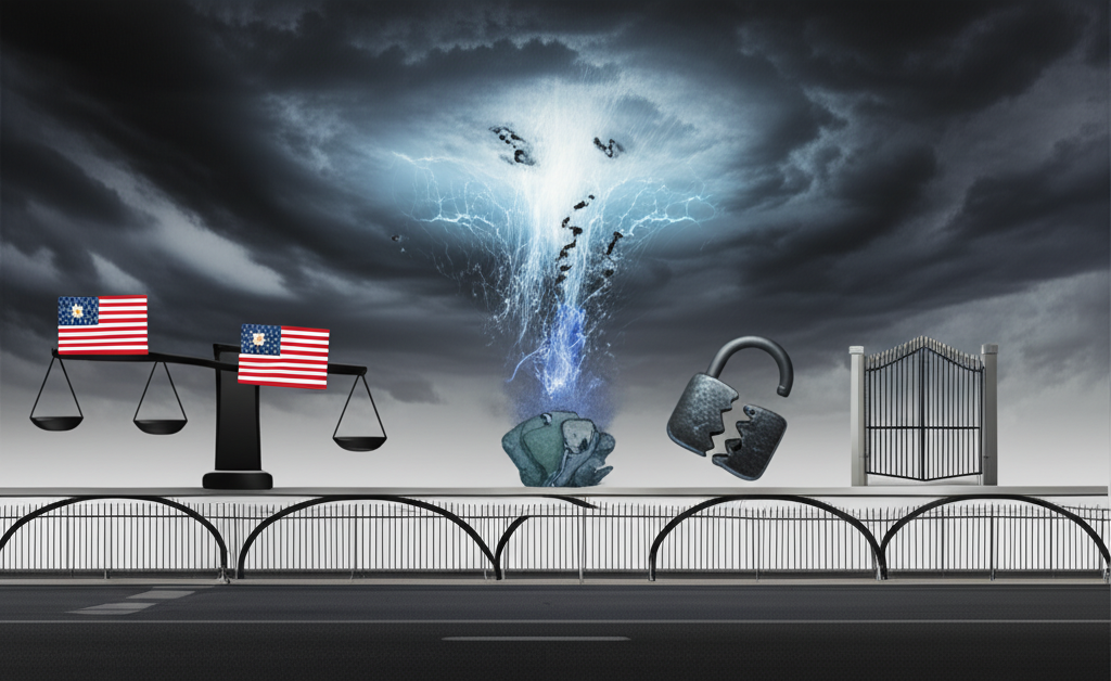 Timeline illustration of US-China economic tensions showing trade imbalance, restricted market access, and intellectual property theft leading to a storm of conflict